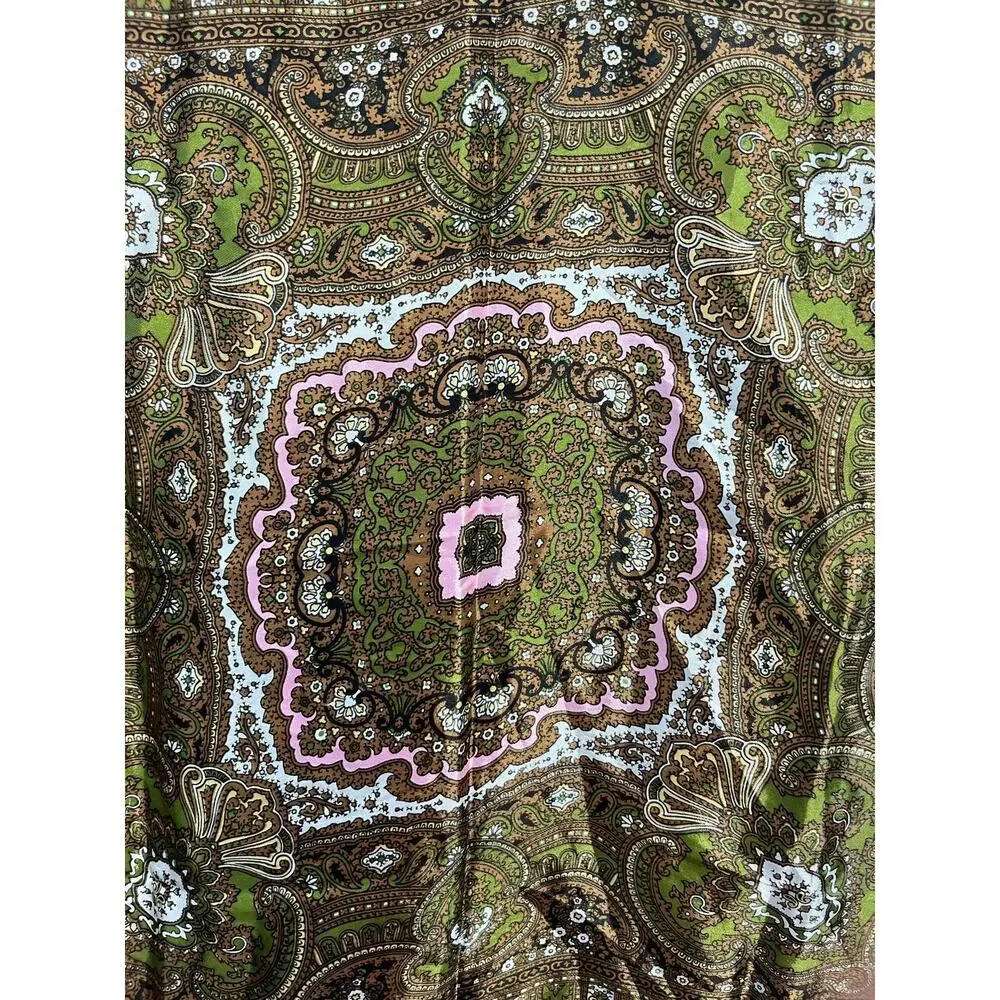 VTG Paisley Scarf Pink Green Boho Cottage Core Poly Satin 26
